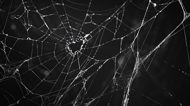 Halloween spider web background modern with black backdrop. Scary ghostly cobweb net texture on black background with thin sticky thread line. Arachnid trap.