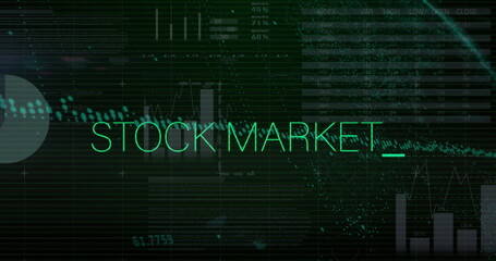 Image of stock market text over data processing