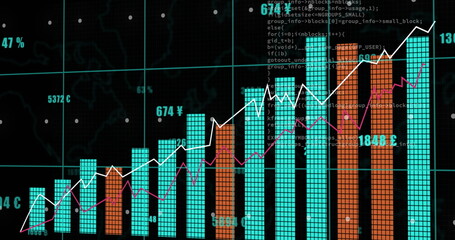 Image of data processing over shapes on blue background