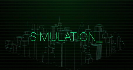 Image of simulation text over digital city