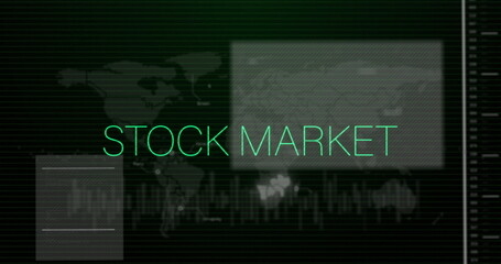 Image of stock market text over data processing