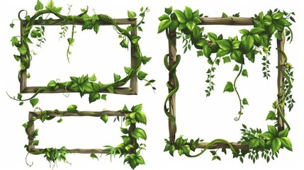 An assortment of frames made from liana vines with leaves and flowers. Borders created with jungle plant branches in the shape of rectangular boxes and badges. - obrazy, fototapety, plakaty