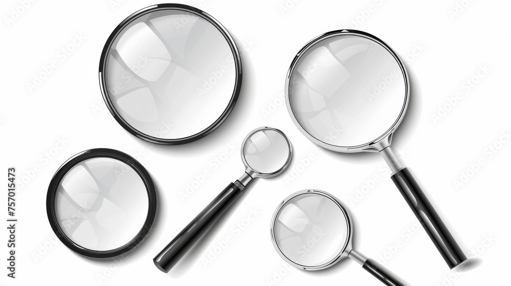 Aufkleber zooming and magnifying glass in different view angles with realistic modern set of metal loupes with