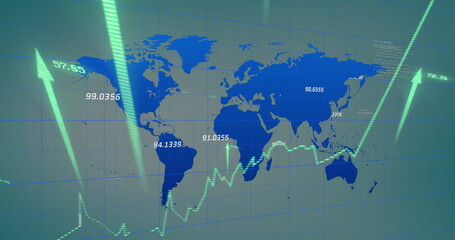 Image of arrows and data processing over world map