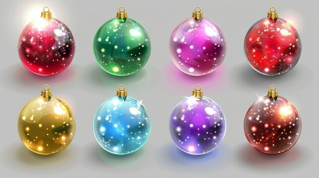Decorative glass globe ornaments for Christmas trees. Modern illustration set of colorful xmas balls. Winter holiday round bubble ornament toy.