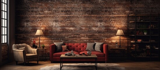 A room with a red couch against a brick wall, creating a cozy and inviting atmosphere with a touch of rustic charm - obrazy, fototapety, plakaty
