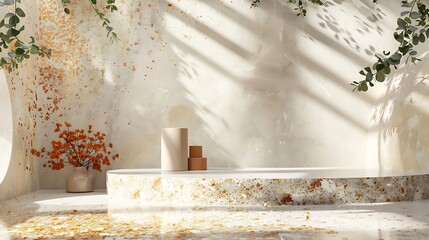a captivating 3D rendering, showcasing a product display podium surrounded by the natural beauty of a backdrop enhanced with a Terrazzo texture