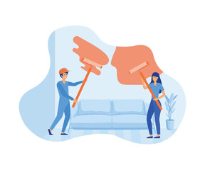 Home renovation and repair concept. Young couple man and woman standing back painting walls in new apartment yellow. flat vector modern illustration