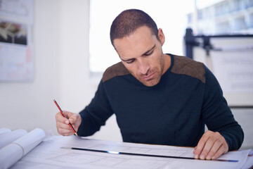 Man, architect and floor plan or drawing contractor as blueprint design with ruler for planning,...