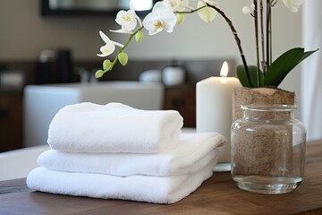 Bathroom table adorned with cotton towels