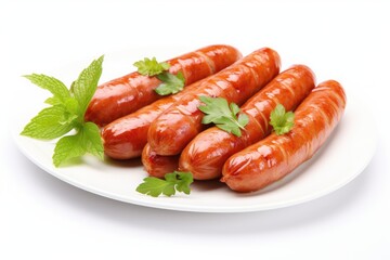 Basil infused boiled sausages on white background