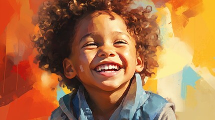 A cute little boy stands smiling on an orange background. A happy child, the concept of joy, surprise.