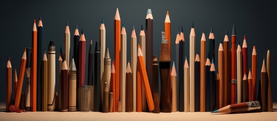 A variety of writing implements, including pencils, are neatly arranged on a table. The pencils...