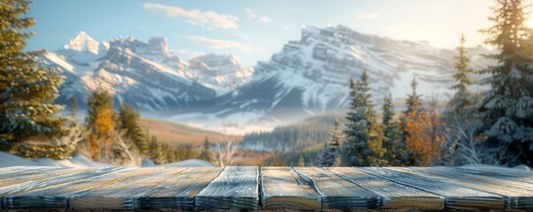 Beautiful scenery: empty white wooden table, Banff National Park view, blurred bokeh out of an open window, product display, defocus bokeh, blurred background with sunlight. product display template - obrazy, fototapety, plakaty