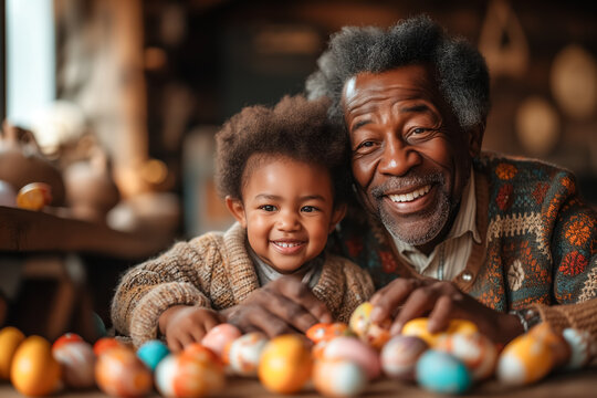 African American grandfather with grandson painting Easter eggs at home, preparing for Easter