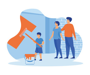 Home repair services, professional workers. Family, child painting wall with roller. Husband and wife glue wallpaper. flat vector modern illustration