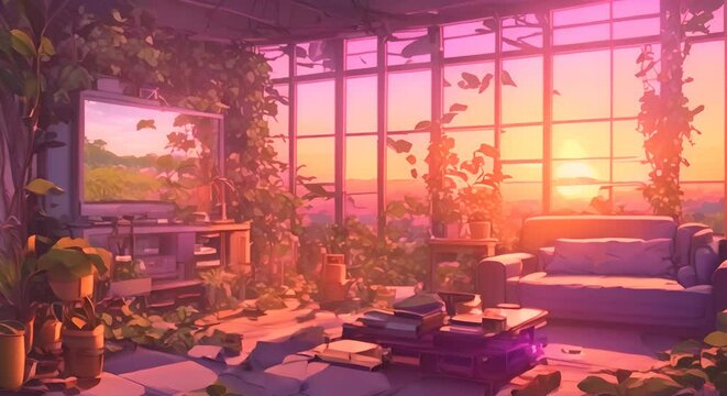 animated virtual backgrounds, stream overlay loop, interior, cozy futuristic cyberpunk living room at sunset, vtuber asset twitch zoom OBS screen, chill anime lo-fi hip hop