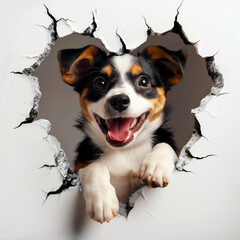 Happy puppy sticking its head out of a through hole in the wall