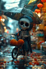 Captures a short cute skeleton delivering groceries in the rain, equipped with a raincoat and umbrella, rendered in 4D cinematic quality