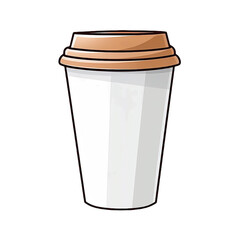 Illustration of a white disposable coffee cup with a snug-fitting brown lid, styled in a simple cartoon format, perfect for beverage-related designs. Transparent PNG format.