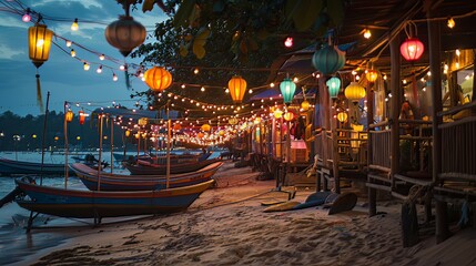 Beach boats, adorned with colorful lanterns and wooden details, create a romantic atmosphere along the shore on summer evenings.  - Powered by Adobe