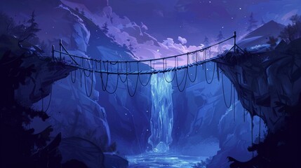In the night sky, a rope bridge hangs between edges of dangerous rock cliffs with a high waterfall in the background. A dark cartoon landscape with a footbridge road crossing a wide river in the - obrazy, fototapety, plakaty