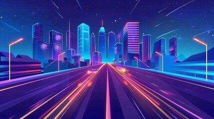 Traffic speed effect on a night city highway. Modern cartoon illustration of neon windows, modern skyscrapers, street lights along the road, fast transport motion trails, starry sky.
