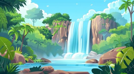 Waterfall in tropical jungle with green trees, bushes, lianas, and a river flowing on a rock cliff, cartoon modern rainforest scene.