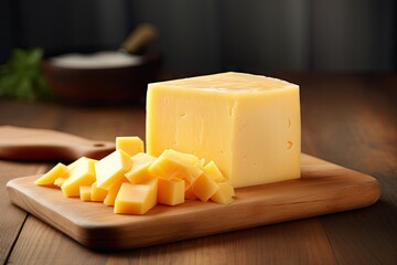 Cheese block sliced on board