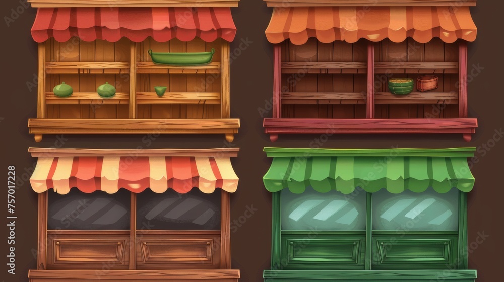 Poster template for shop window in game user interface. red and green wooden cabinet with shelves and canop