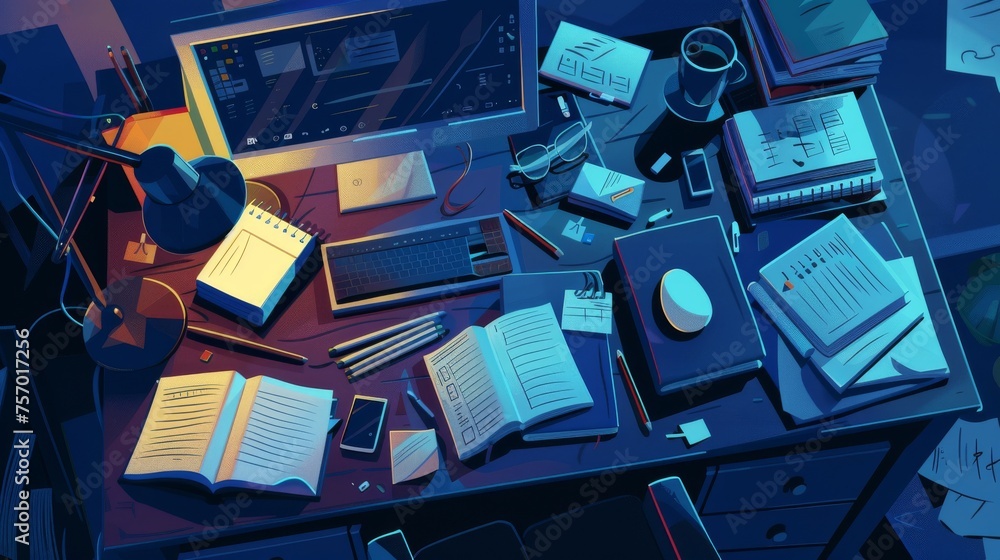 Poster an evening view of a messy desk with a computer and stationery on top. cartoon modern desk arranged 