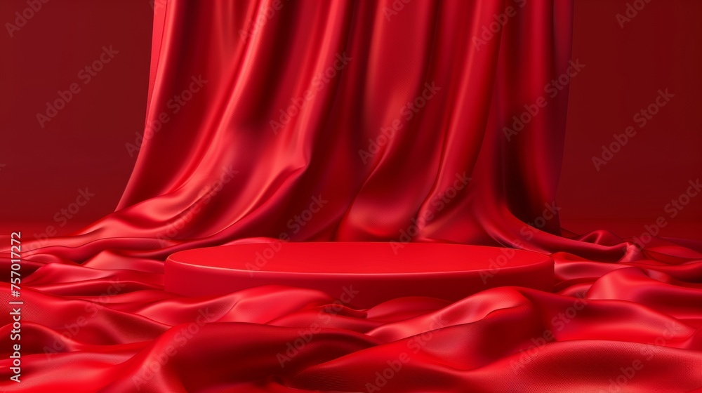 Poster presentation display hidden in waved blanket with round podium covered in red fabric curtain with fo