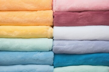 Fluffy terry towels placed on a bright background seen from above
