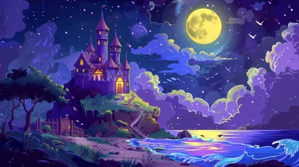 Foto op Canvas Imaginative fairytale castle rising above stormy night sea. Modern illustration of medieval palace with towers, wooden gate, light in windows and stars above. © Mark