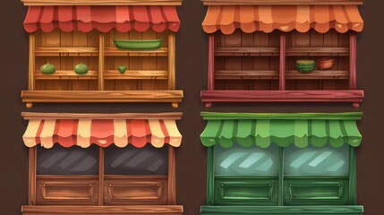 Template for shop window in game user interface. Red and green wooden cabinet with shelves and canopy. Blank store interface with wood texture.