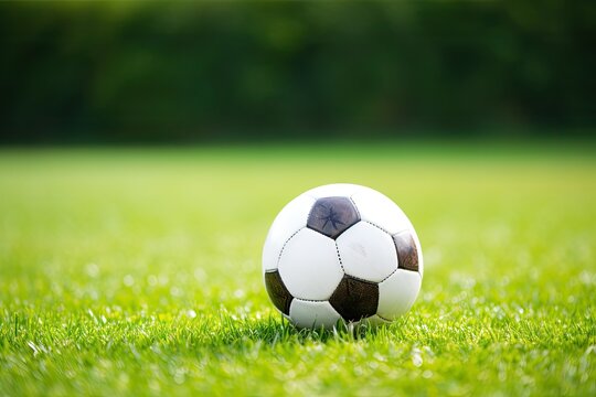Football ball on the green grass of the stadium