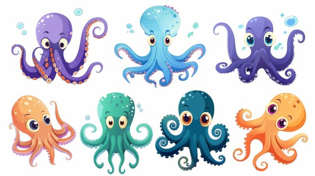 Set of cartoon octopus characters isolated on background. Illustration of large eyes, tentacles, and bursts of water in blue, purple, green, and orange colors.