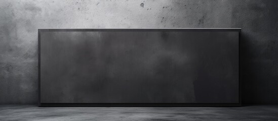 A grey canvas hangs on a concrete wall in a dimly lit room with wood flooring. The rectangle is surrounded by darkness, contrasting with the monochrome photography