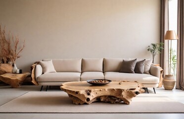 Close-up of a beige sofa. Scandinavian interior design for a modern living room.