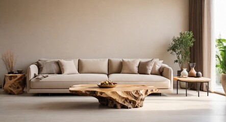 Close-up of a beige sofa. Scandinavian interior design for a modern living room.