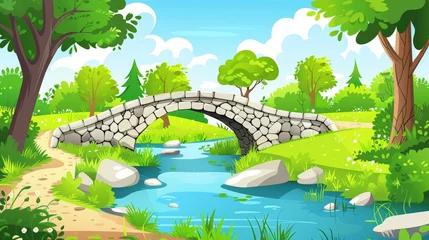 Deurstickers Park in city with stone bridge over river or pond, green trees and grass. Cartoon modern panorama of city garden landscape with water stream, lake, woods, and clouds in the blue sky. © Mark