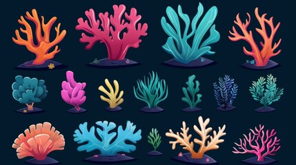 Various underwater ocean plants and reefs modern illustration collection. Tropical marine or aquarium bottom plants and creatures. Exotic undersea flora elements... - obrazy, fototapety, plakaty