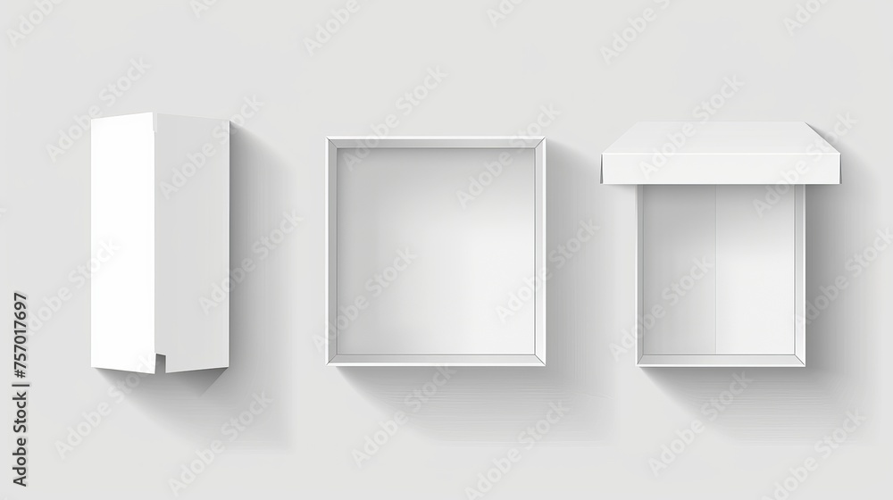 Poster open blank cardboard box mockup in different angles for delivery or gift idea. rectangular packing k