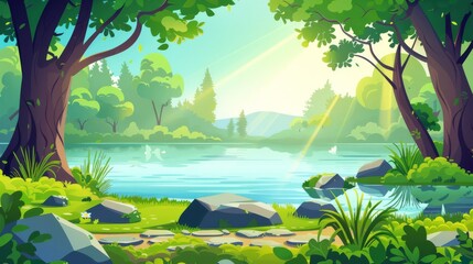 On a sunny day, a lake or river, stones and trees on the shore, and rays of sunlight illuminate a summer forest landscape. Cartoon modern illustration of water in a pond or stream, green grass and