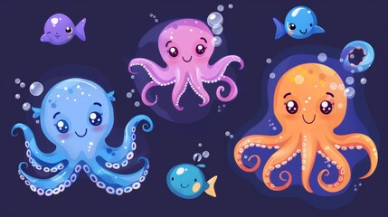 A cute cartoon character floating underwater with bubbles. Modern illustration of a friendly sea creature with tentacles and adorable faces.