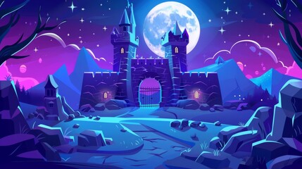 A cartoon dusk landscape depicts a fairytale medieval castle with stone walls, tall towers, windows, and gate doors. A royal palace stands near a mountain foot in full moonlight.