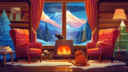 Gardinen An interior view of a wooden chalet with a fireplace, vintage armchairs next to a fireplace, a book on a table, a winter mountain and fir tree forest in the distance. Modern cartoon illustration. © Mark