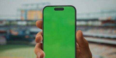 A hand holds a smartphone with a green screen at a baseball stadium - 757017677