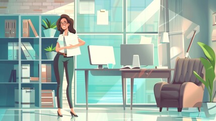 The interior of an office room with a female executive manager or secretary, a computer on the desk, folders in a cabinet with a shelf, and a chair. Cartoon smiling female executive manager or