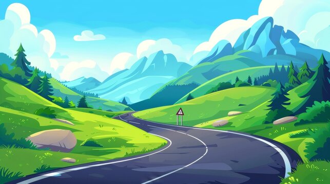 Angular road leading to high rocky mountains. Cartoon modern summer landscape with curly highway surrounded by grass, trees, and hills.